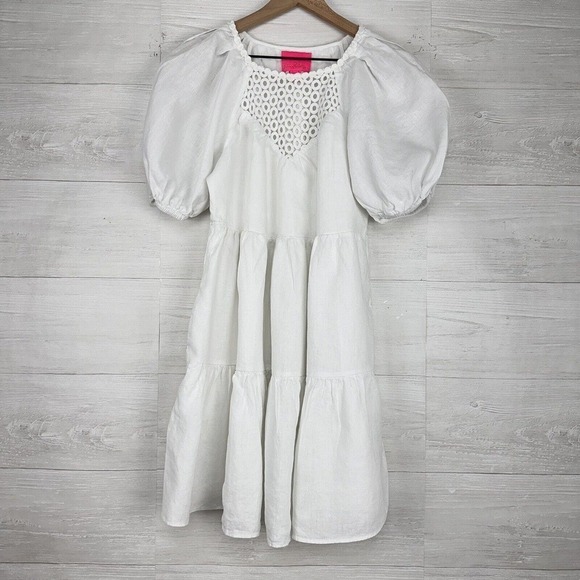 Lilly Pulitzer Charlet Short Puff Sleeve 100% Linen Dress Size 2 White Tiered - Picture 2 of 15